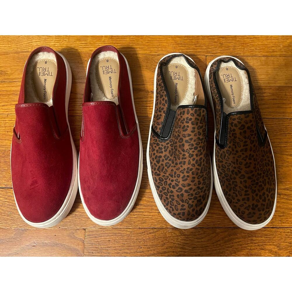 Women's 2 Pairs Leopard & Wine Slip On Mules Sneakers Memory Foam Faux Fur 8.5